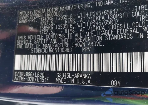 2012 Toyota Highlander Se V6 z USA, uszkodzony, nr VIN 5TDBK3EH6CS130983